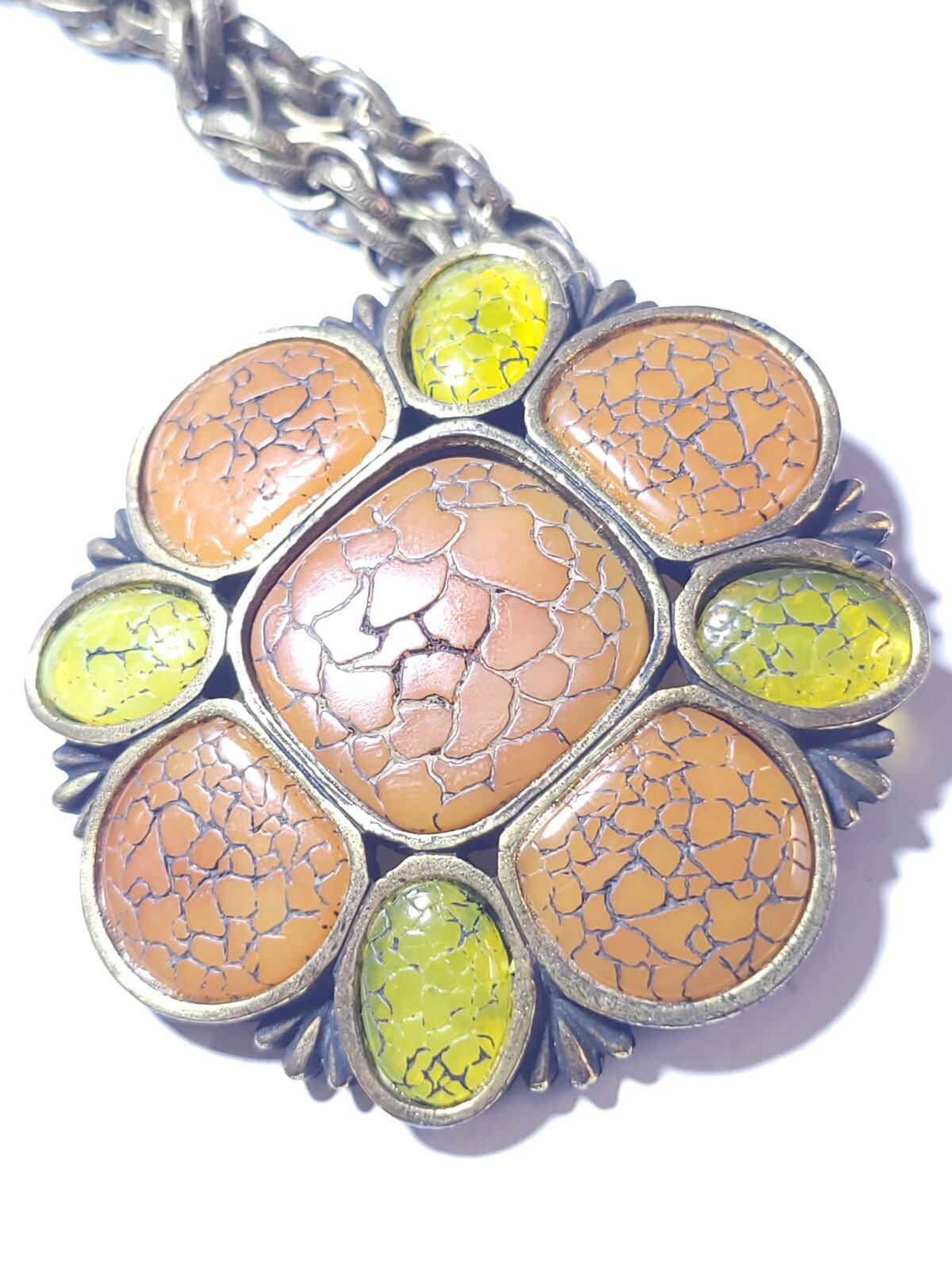 Hobé Vintage Necklace Orange Lime Green Thermoplastic Amulet Pendant 16″ Chain