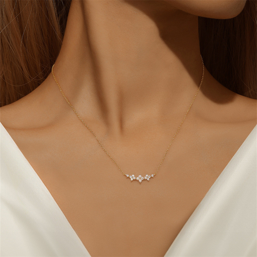 Gold Plated 925 Sterling Silver CZ Floral Bar Necklace for Women