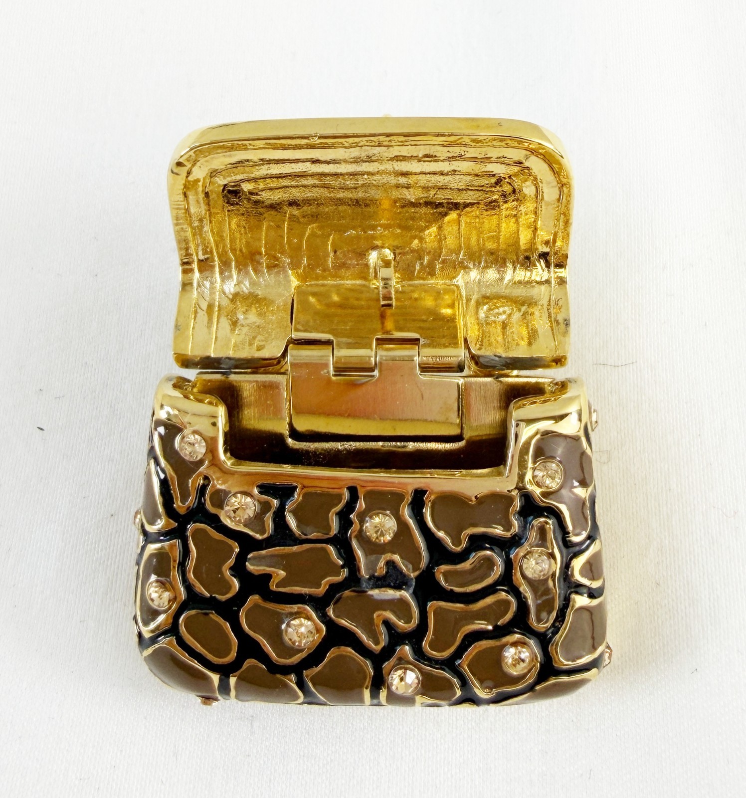 NEW ST. JOHN Handbag Brooch Brown Print Enamel Crystals 24KGP Logo Pin Enhancer