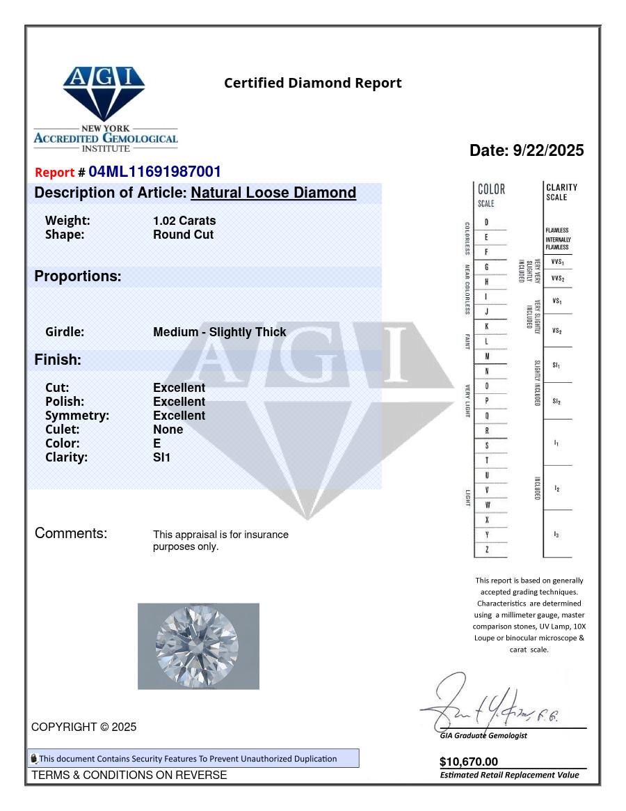 1.02 Carat Cert. AGI Round Natural Mined Diamond Loose E color SI1 clarity