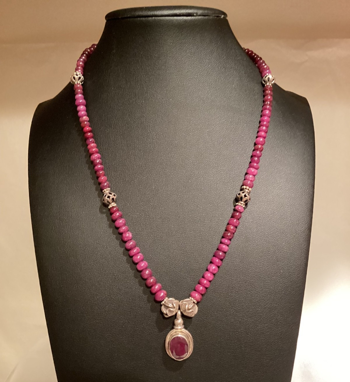 Raw Natural Ruby Roundell Beaded & .925 Sterling Silver Pendant Necklace OOAK
