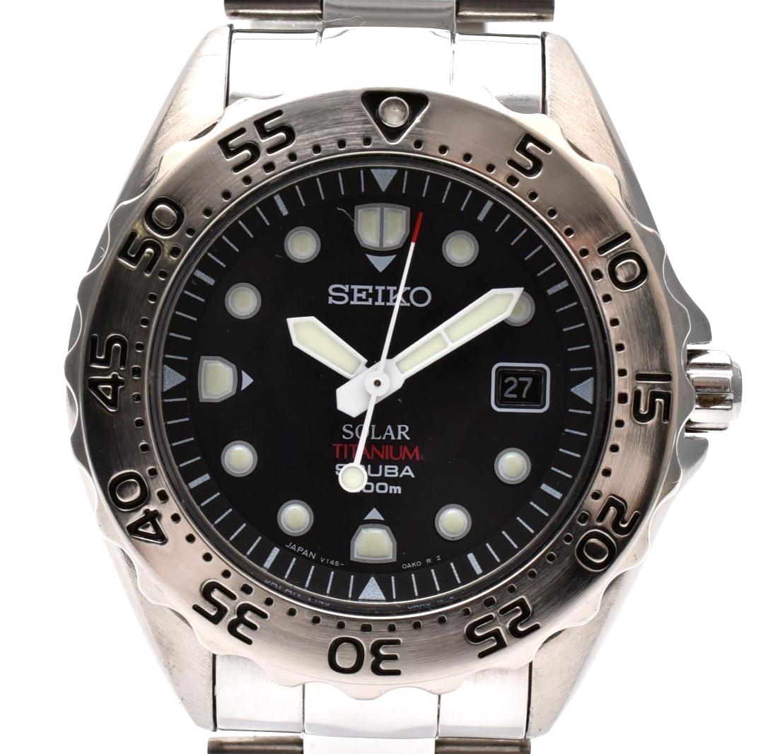 【Exc+5】 SEIKO V145-0AH0 Solar Titanium Vintage Black Dial Scuba 200m Men’s Watch