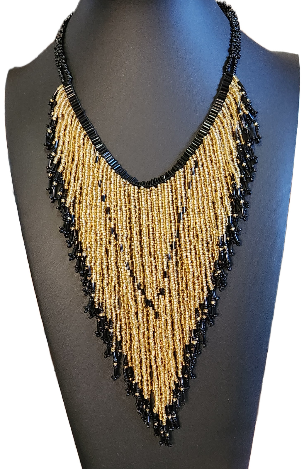 Gold & Black Beaded Fringe Necklace 20.5 in New