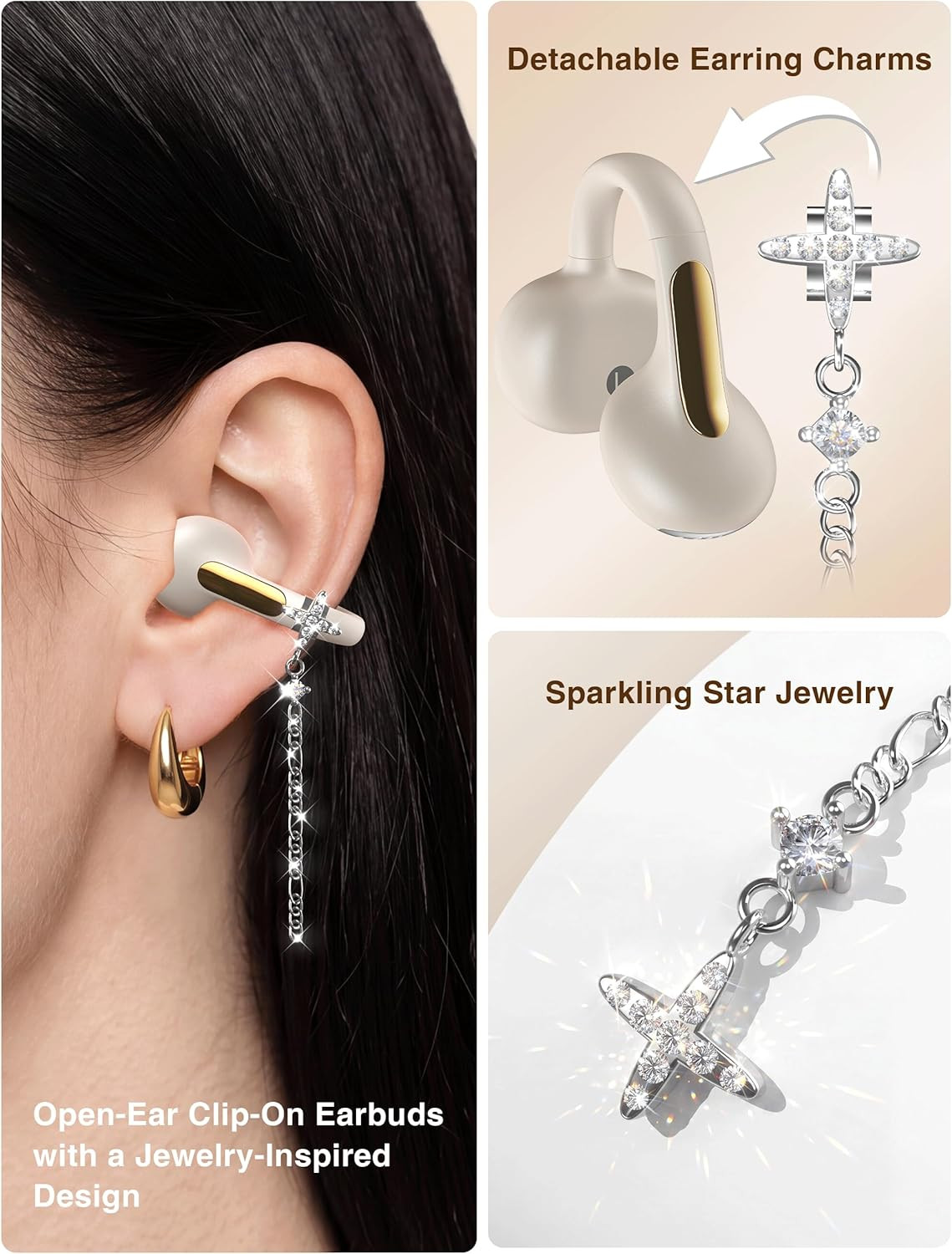 Open Ear Headphones with Dangling Star Jewelry Earrings, Wireless Bluetooth 6.0