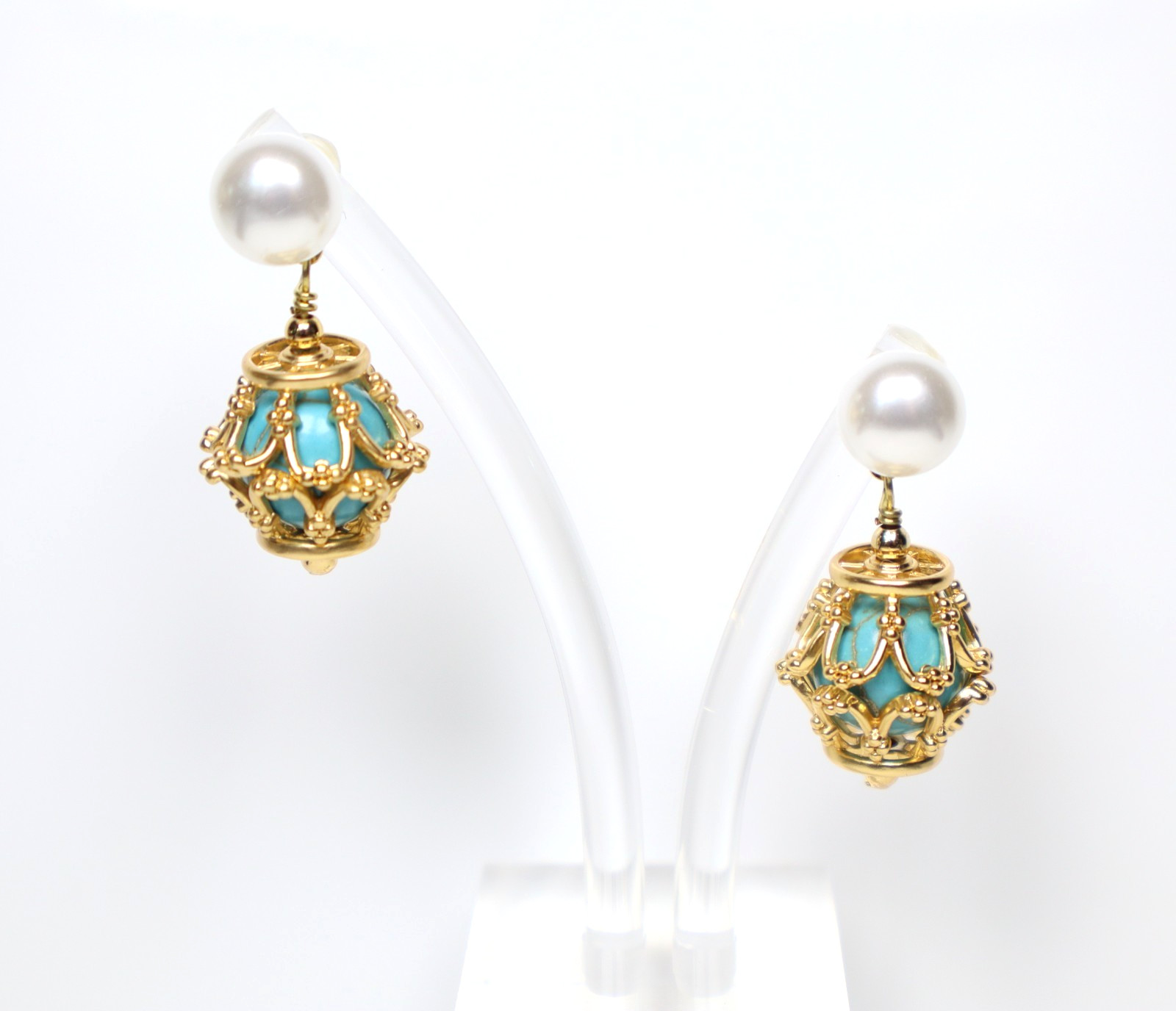 Vintage Style 925 Gold Vermeil Turquoise Pearl Stud Earrings Baroque Cage Design