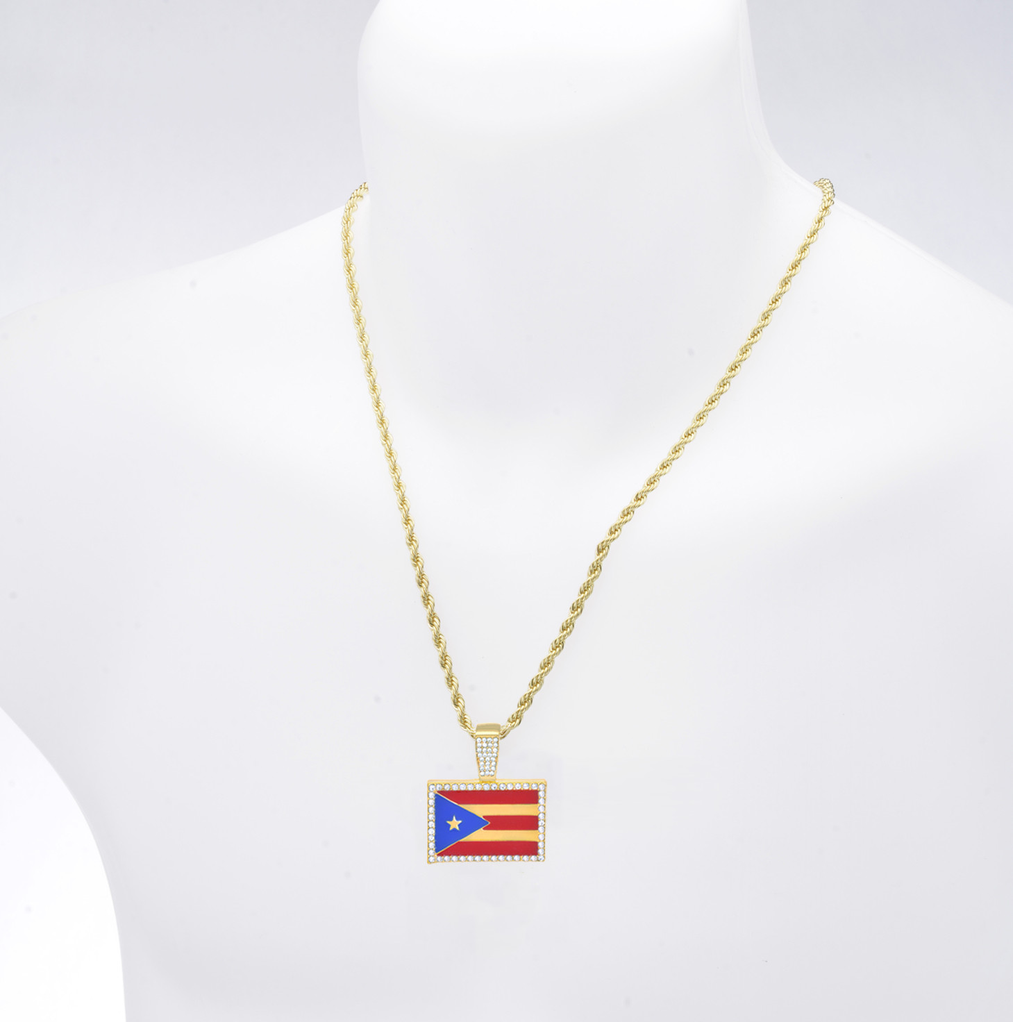 Men’s Gold Tone Iced Bling Puerto Rico Flag Pendant 24″ Chain Necklace HC 1046 G