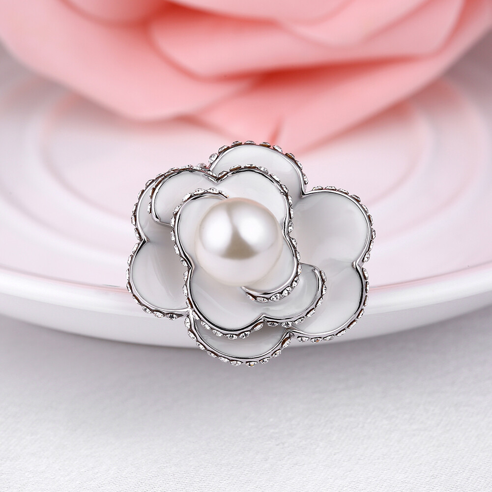 Womens Platinum Plated Ceramic Elegant Pearl CZ Crystal Flower Vogue Ring #DR111