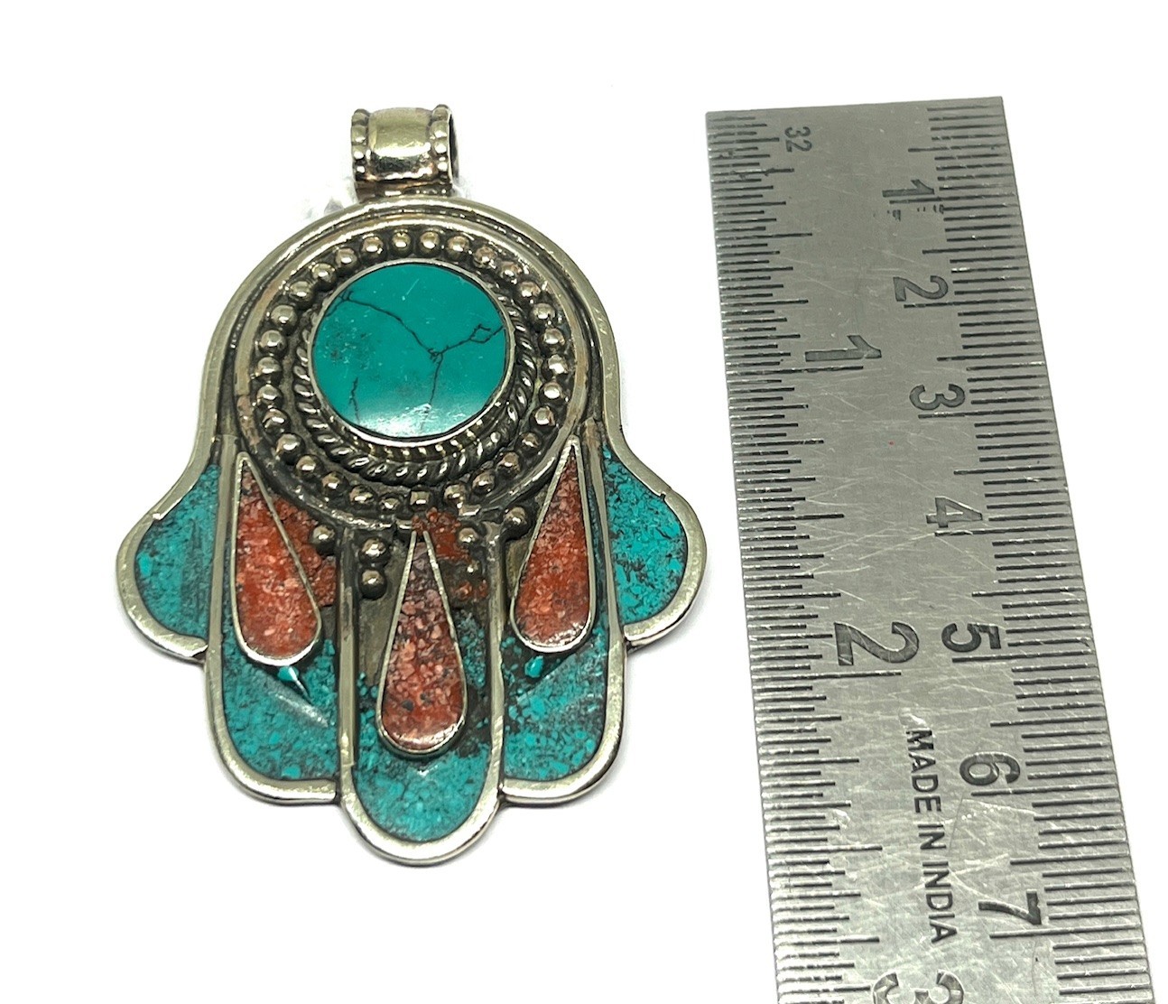 Tibetan Turquoise Coral Gemstone Buddhist Prayer Pendant Jewelry, 2.5 inch