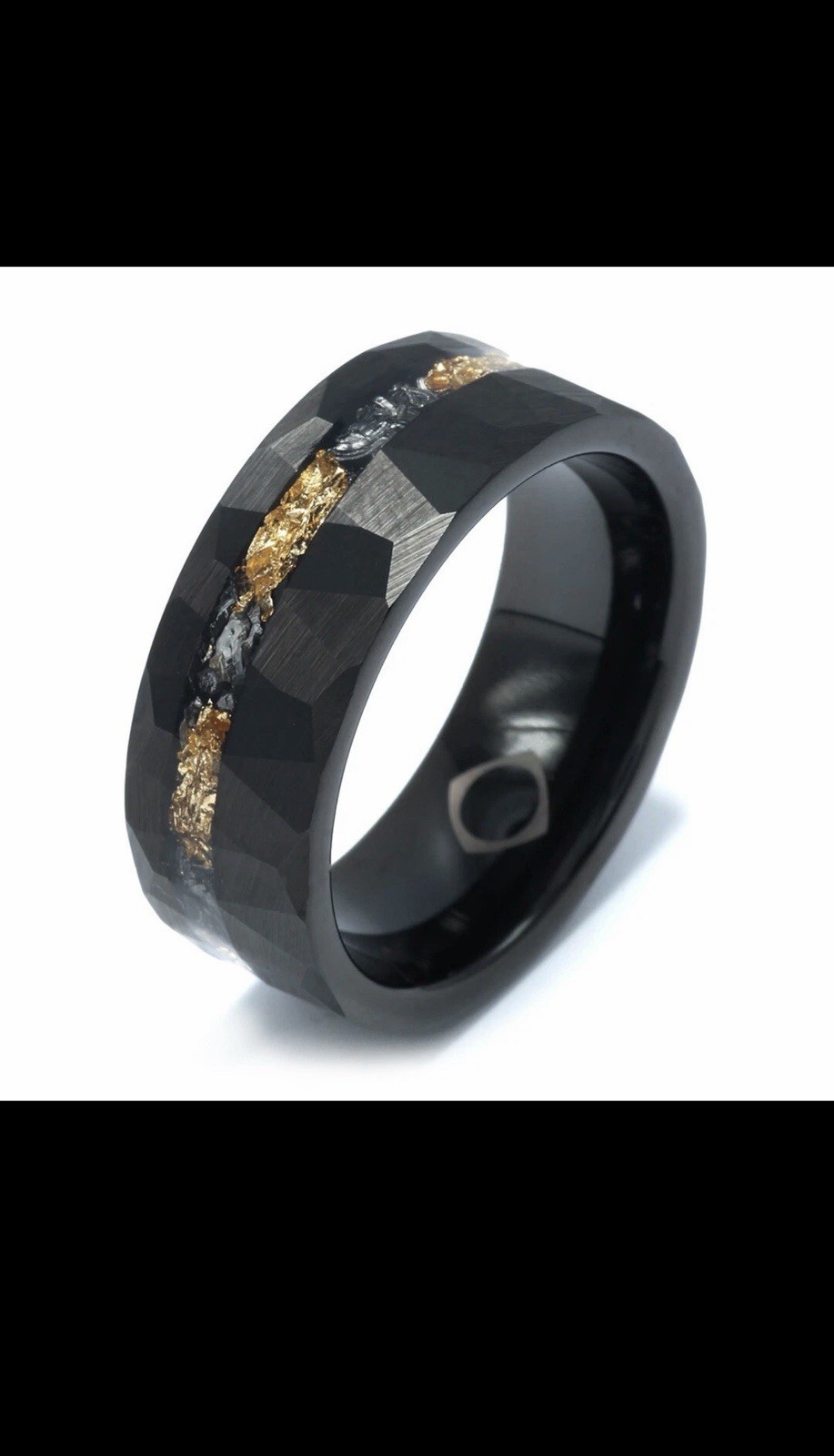 Meteorite Black Faceted & 24K Gold Leaf Tungsten Men’s Band Ring, Comfort Fit