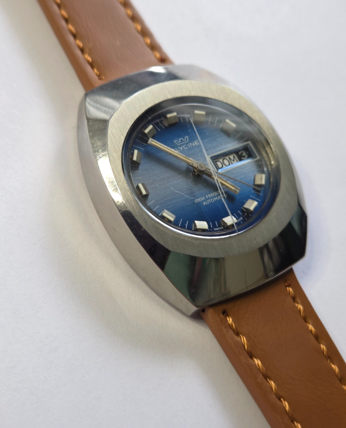 NOS Glycine Hight Frecuency Automatic Watch Vintage Mens Blue Fractured glass