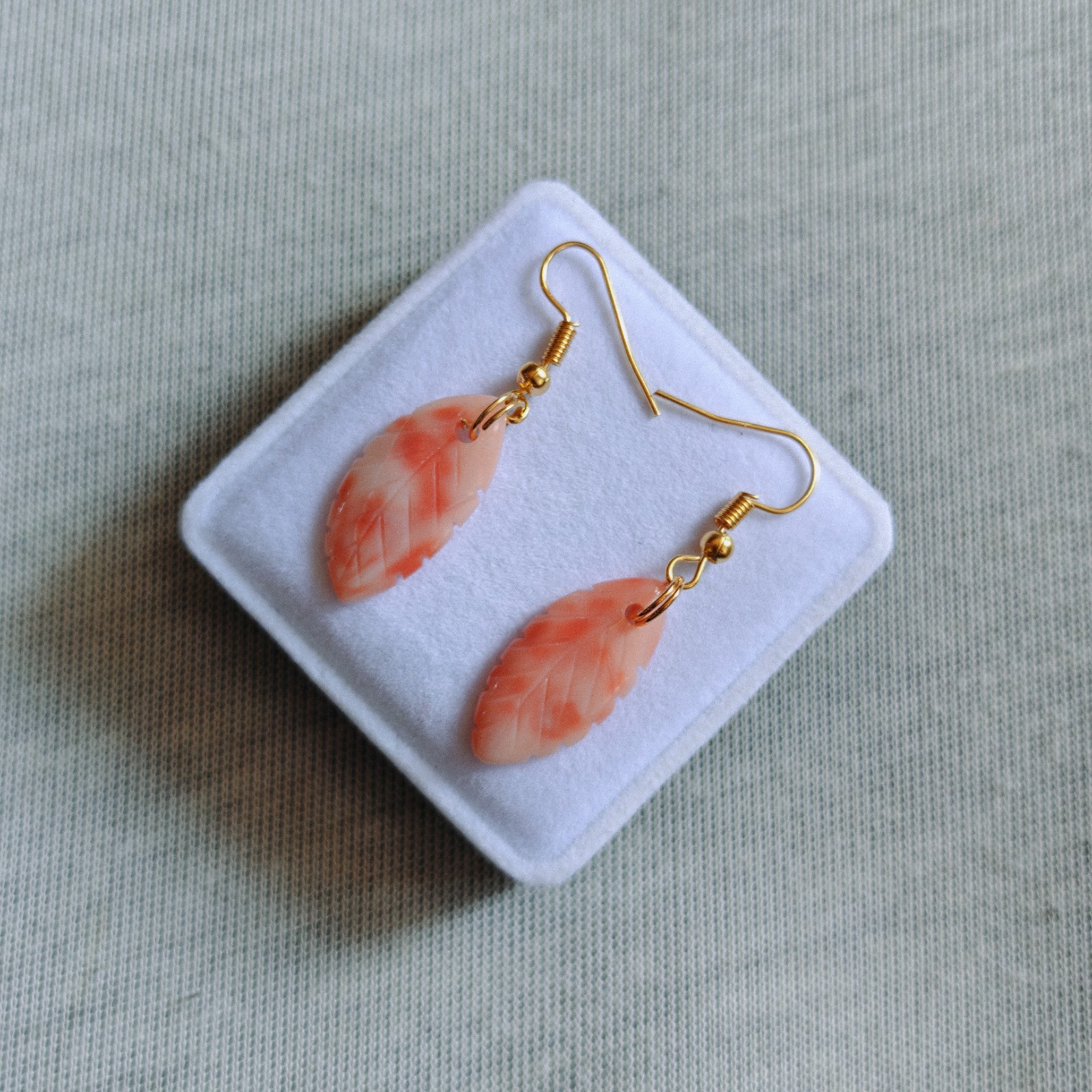 Natural Japanese Pink Coral Leaf Carving Brass Earrings Handmade Jewelry