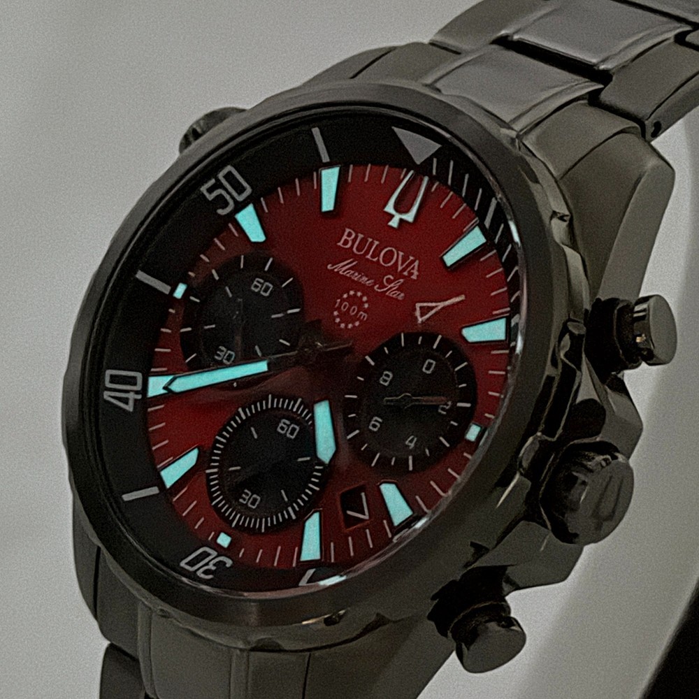 Bulova 98B350 Men’s Marine Star Chronograph Quartz Red Dial Stainless Watch 43mm