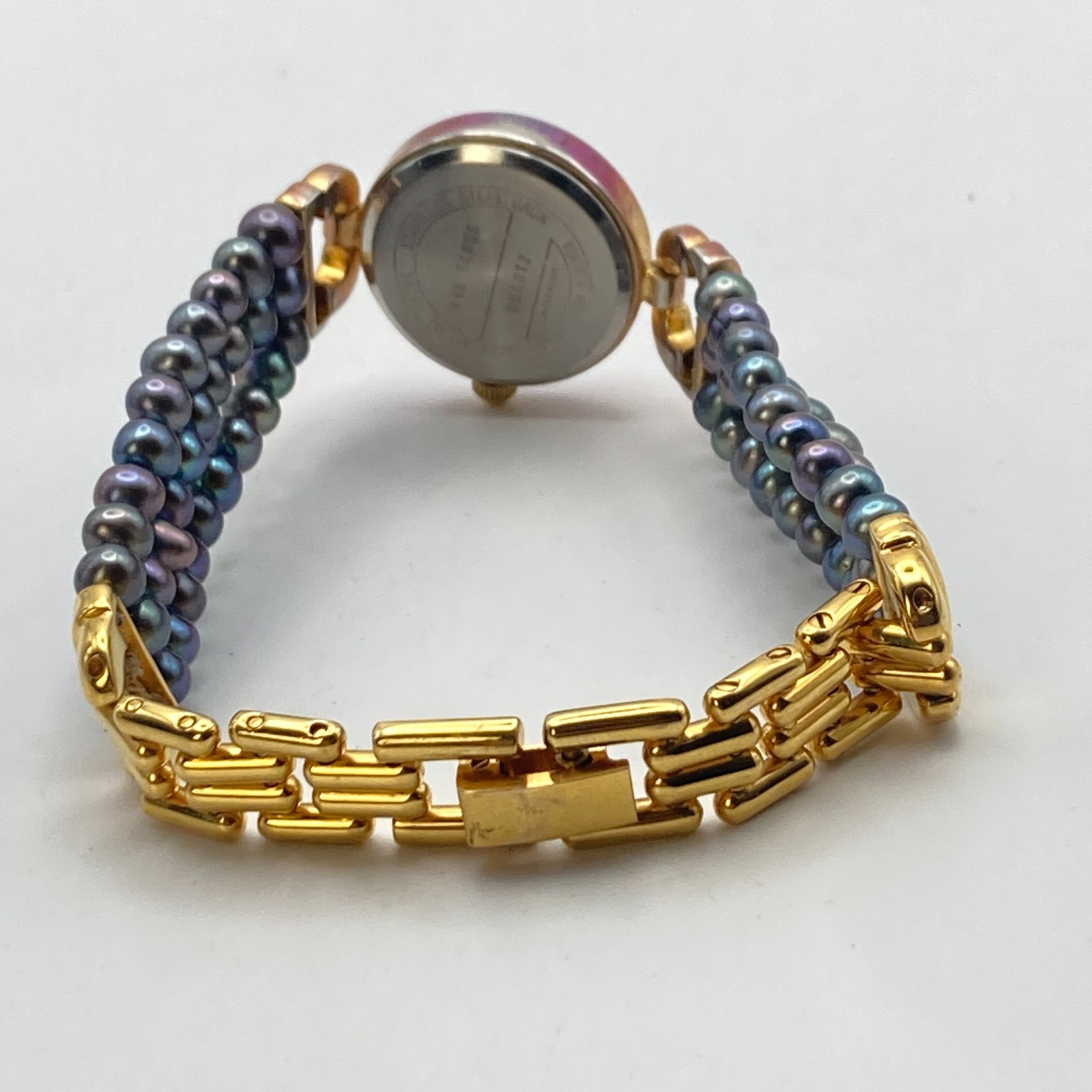 Lee Sands Women’s Watch 22mm Gold Tone MOP Iridescent Beads New Battery 7″
