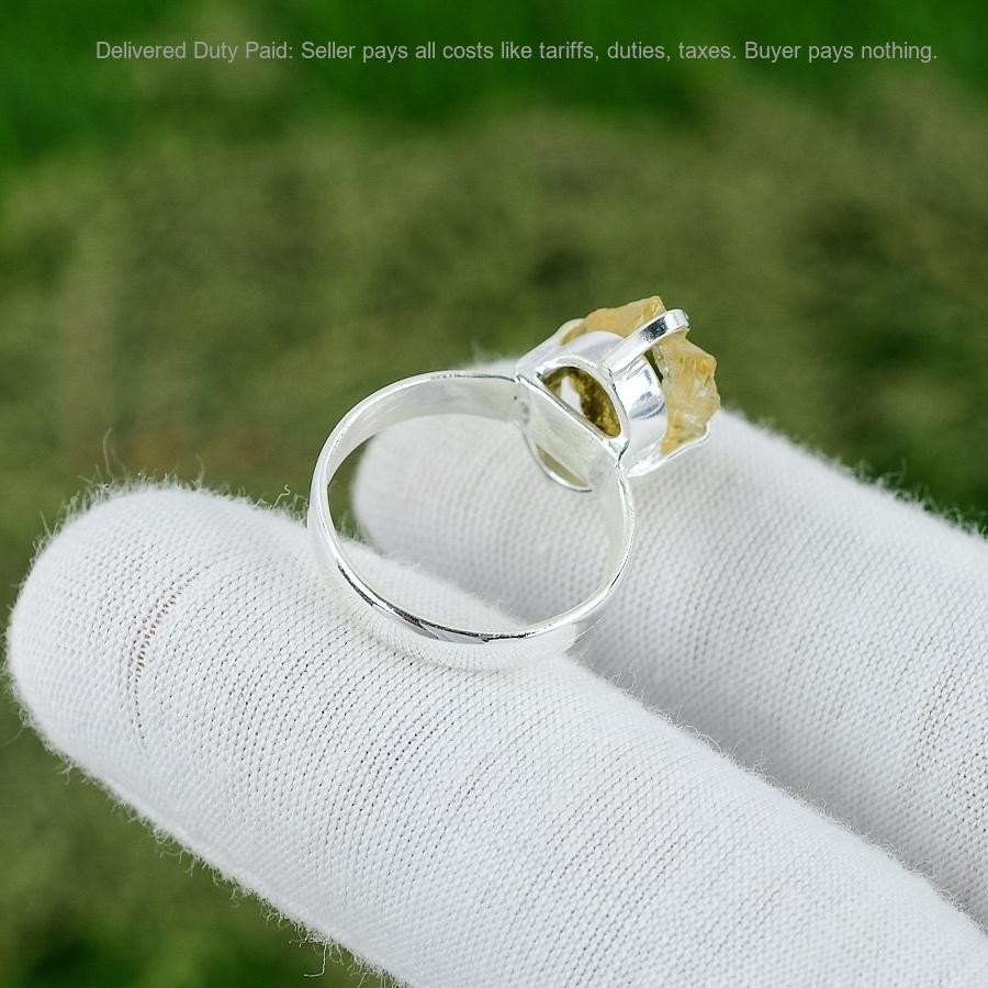 Pentagon Citrine Rough Stone Solitaire Wedding Ring Size 7.5 925 Sterling Silver