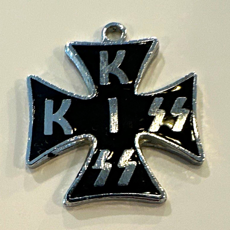 Black Enamel Cross Charm Pendant, Silver-Tone Metal “K” and “SS” Markings