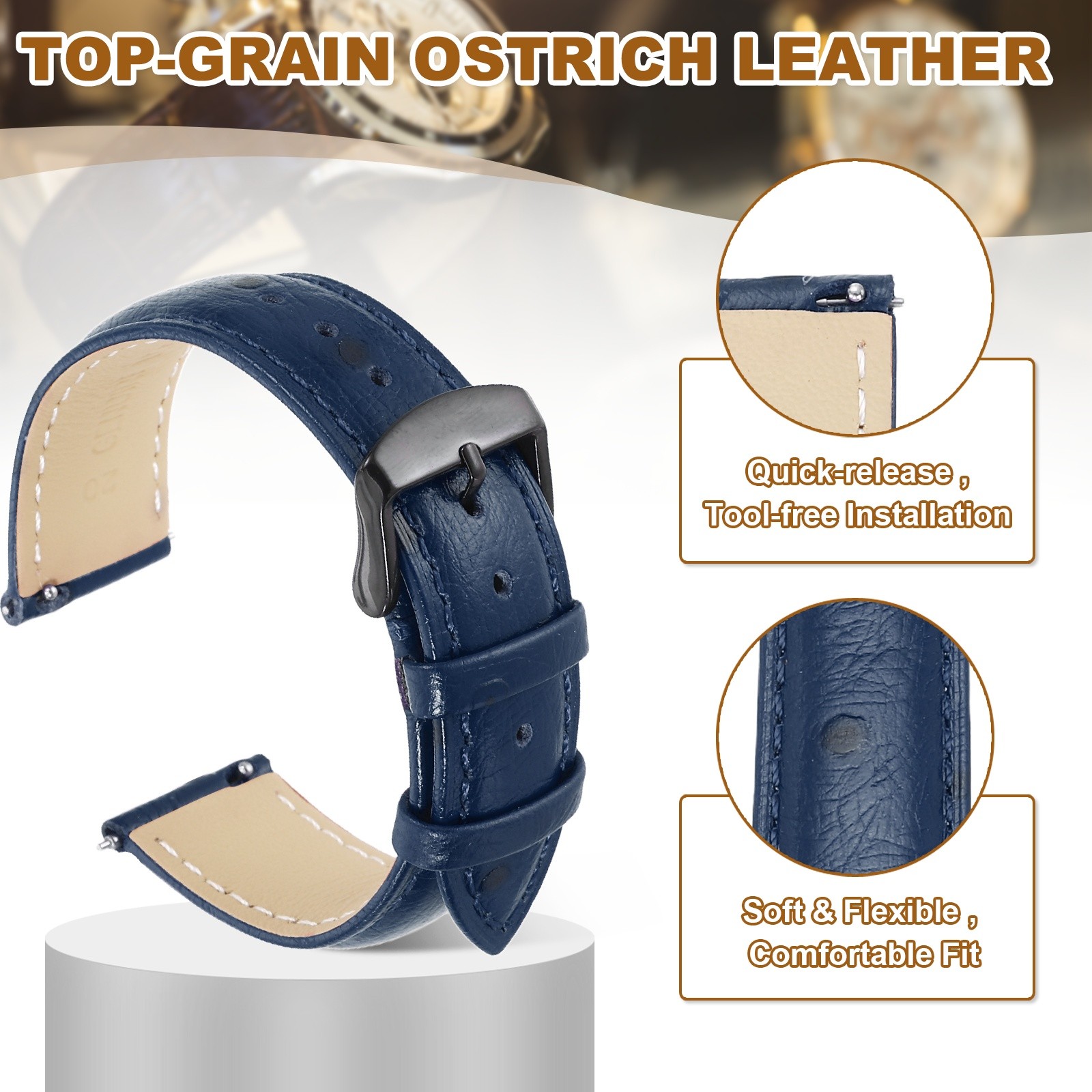 Leather Watch Band 0.79″ 20mm Top Grain Leather Watch Strap Black-Blue