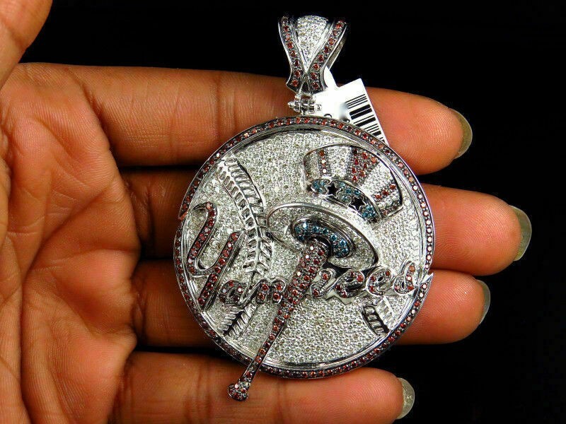 10K White Gold Over New York Yankees MLB Baseball Diamond Pendant 6.38 ct