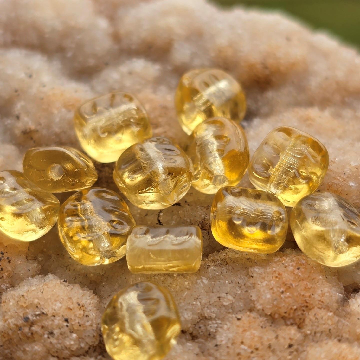 Pale Yellow Textured Square Old Vintage Molded German Glass Beads 6mm 12pc