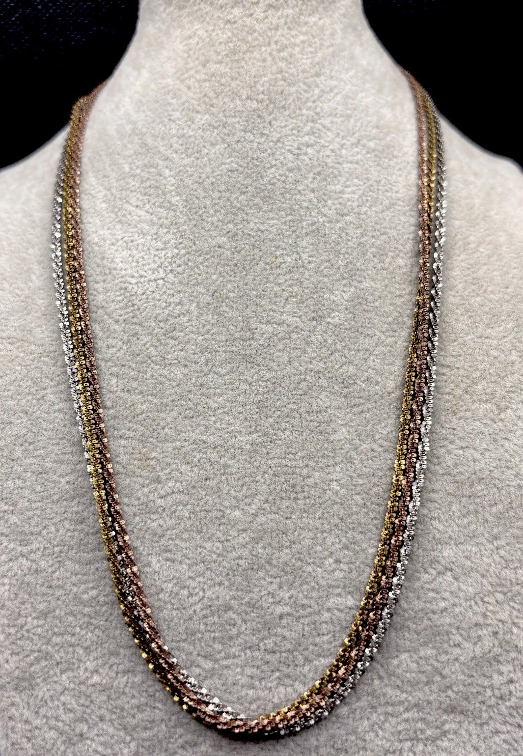 Tricolor Italy Necklace 18” 3 Strands Gold 10k Rose Gold Plate, Silver Mark RCI