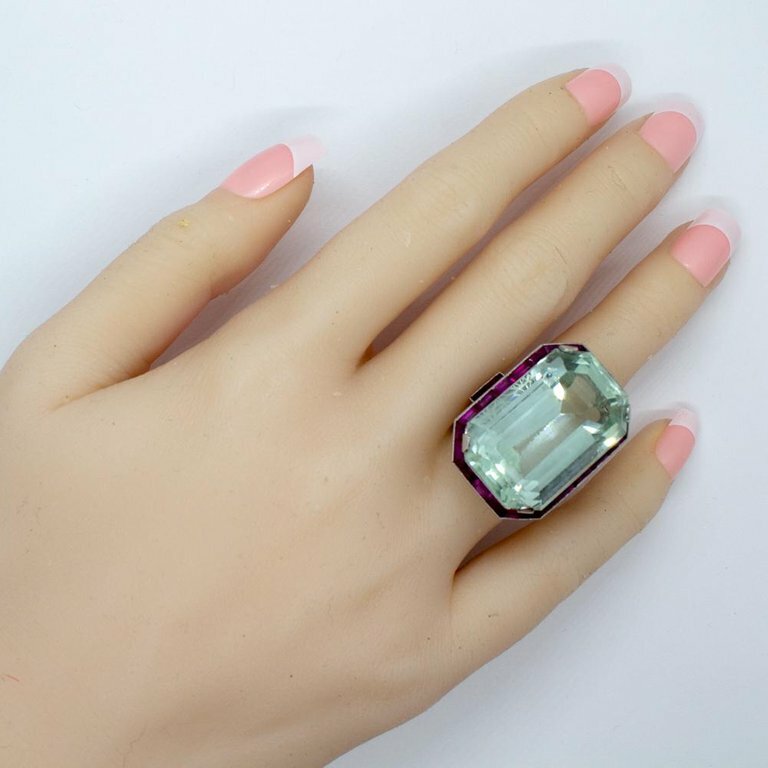 935 Silver Vintage Antique Art Deco Large Aquamarine Anniversary Ring 58.22 CT