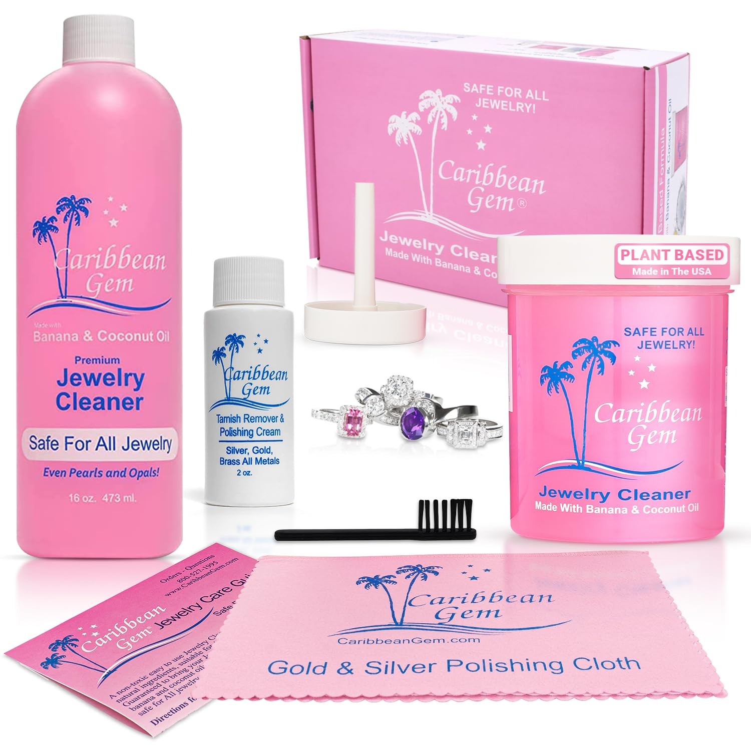 Gem Jewelry Cleaner 16oz & 8oz, Basket, Brush, Polishing Cream & Polishing Cloth