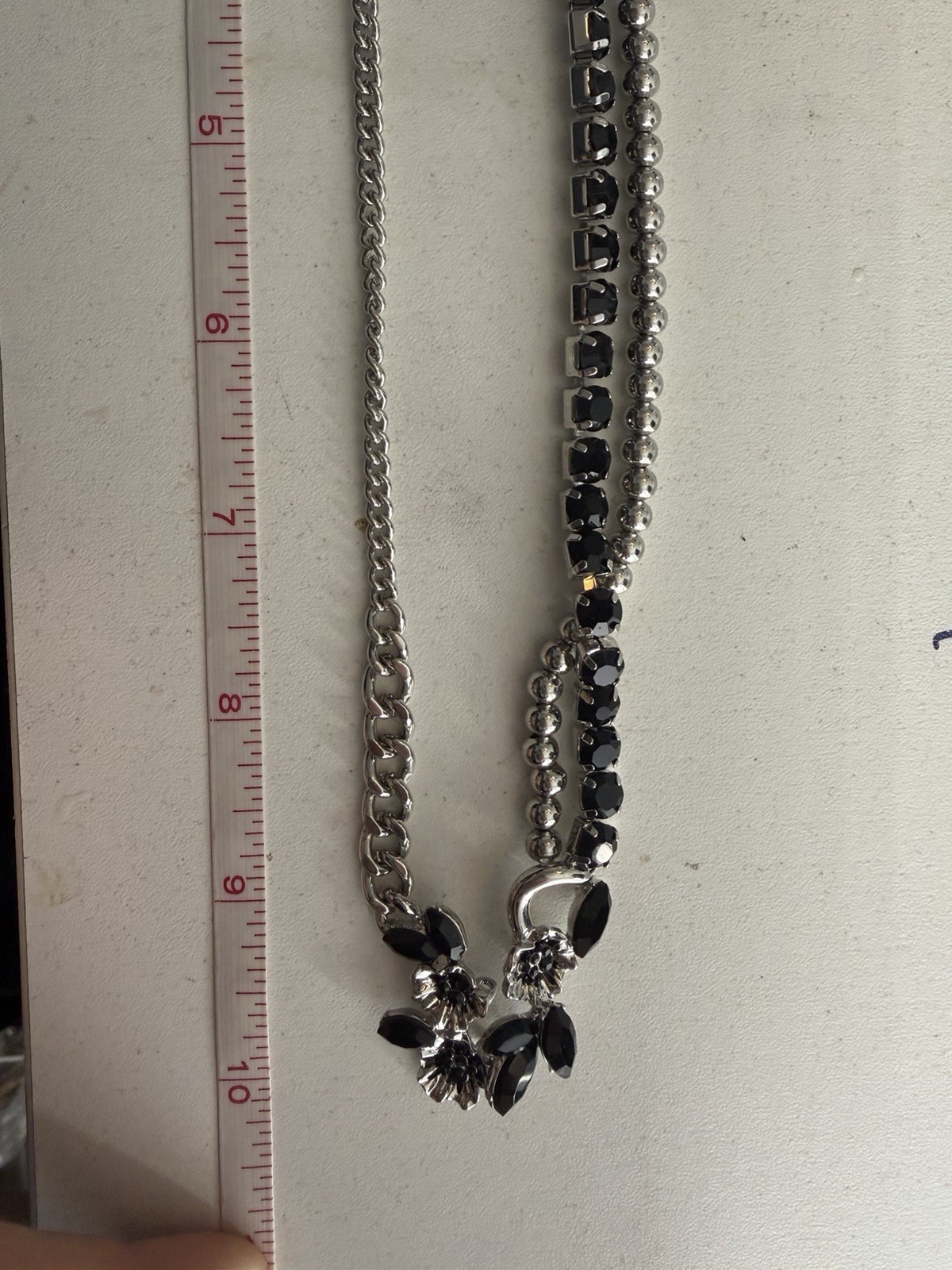 Black Crystal Floral Statement Necklace Silver Tone Unknown Marking Toggle 16”