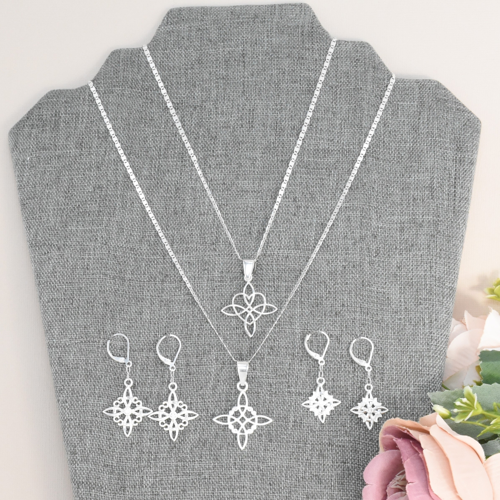 Witch Knot Pendant, 925 Sterling Silver Dangly Earrings Nudo de Bruja Aretes