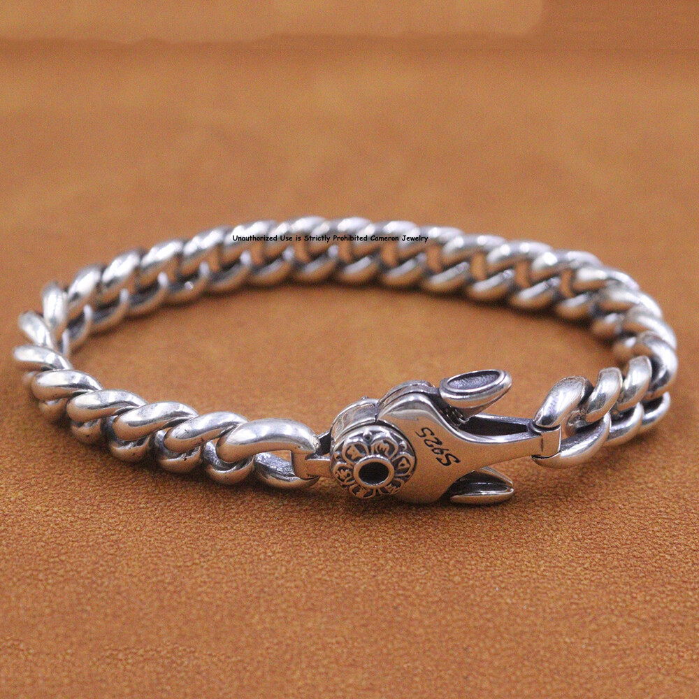 Real S925 Sterling Silver Chain 8.5mm Curb Link Vajra Bracelet 7.1inch46-47g