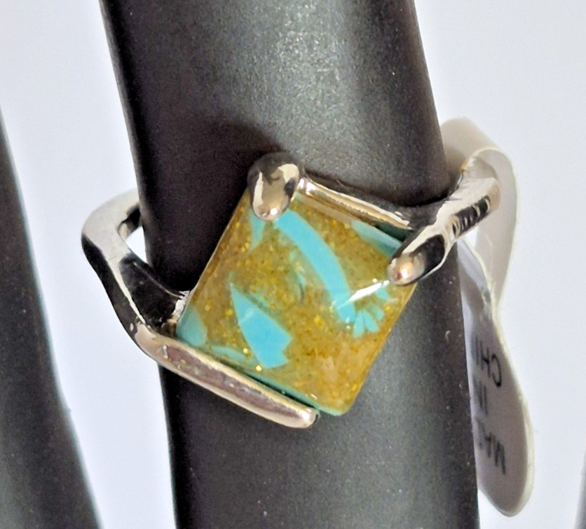 Silver-Toned Ring W/ Turquoise and Gold Looking Square Stone Size 8.5