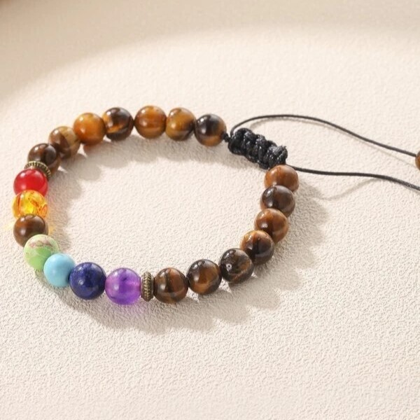 7 Chakra Stone Tiger’s Eye Beaded Healing Grounding Strength Women Men Bracelet