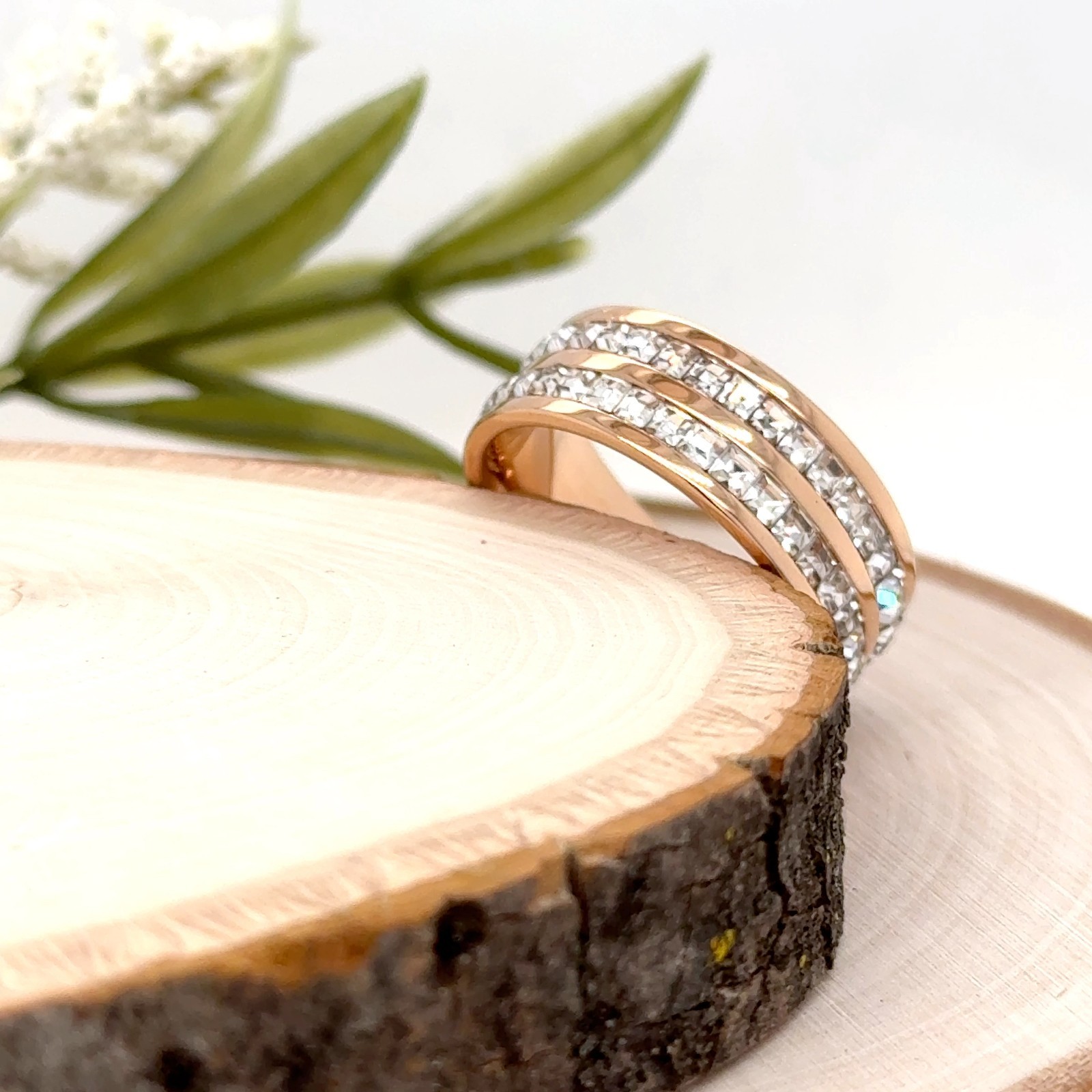 8mm Rose Gold Titanium Wedding Band Dual CZ Diamond Inlay Lightweight Ring