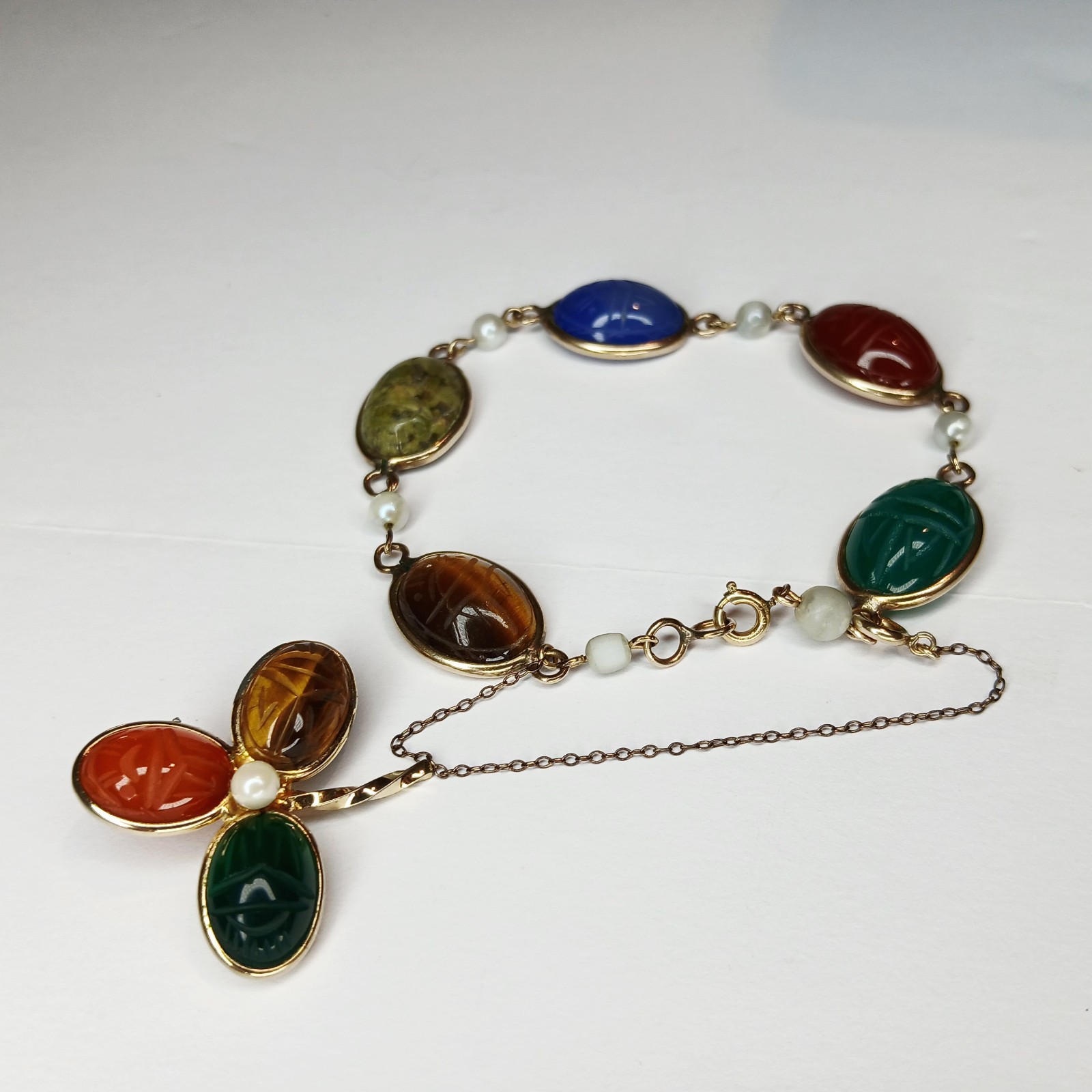 Vintage ~ Burt Cassell Egyptian Revival Gemstone Scarab Bracelet & Brooch Set 8″
