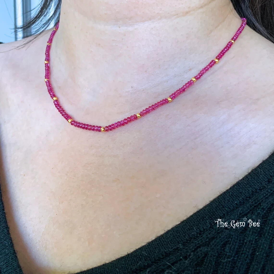 18K Yellow Gold Gem Grade No Heat Ruby Smooth Rondelle Bead Necklace 17″-18.5″