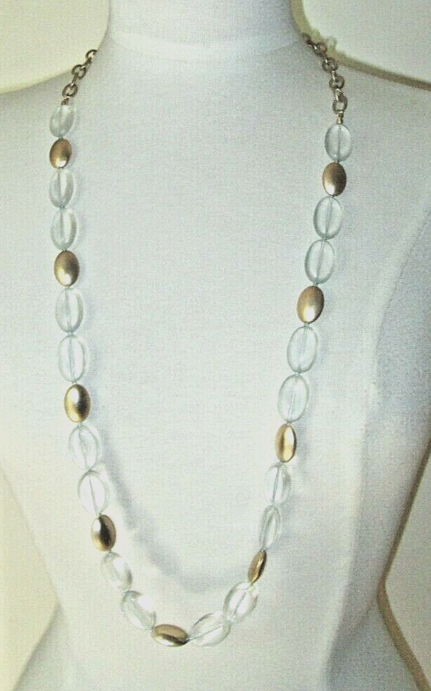 Lucite Clear & Gold Bead Long Chain Necklace 38″ Gold tone Layering