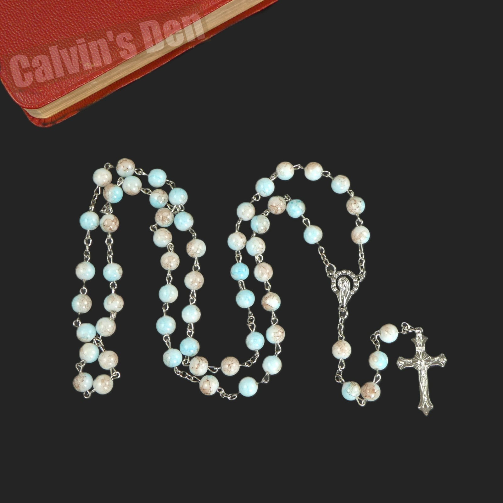 Mary with Crown of 12 Stars Crucifix Cross Rosary Marbled Light-Blue Bead Gift
