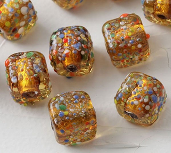 10pcs handmade Lampwork glass cubic Beads 10.6*10.6mm—Gold colorful dot