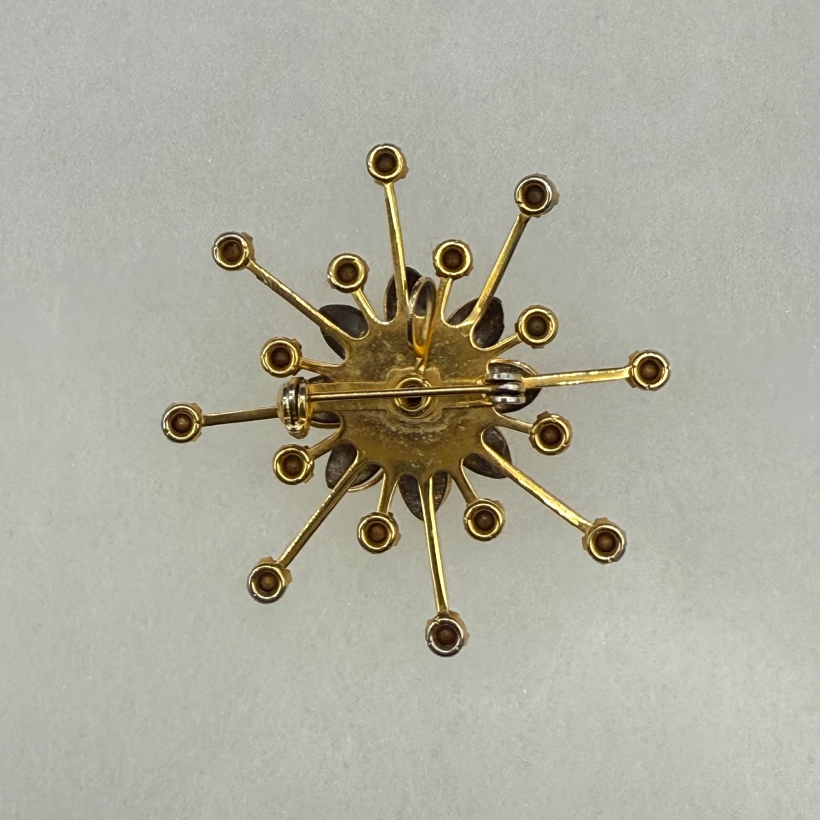 Vintage Gold Tone Rhinestone Starburst Flower Brooch Pendant Mid Century Atomic