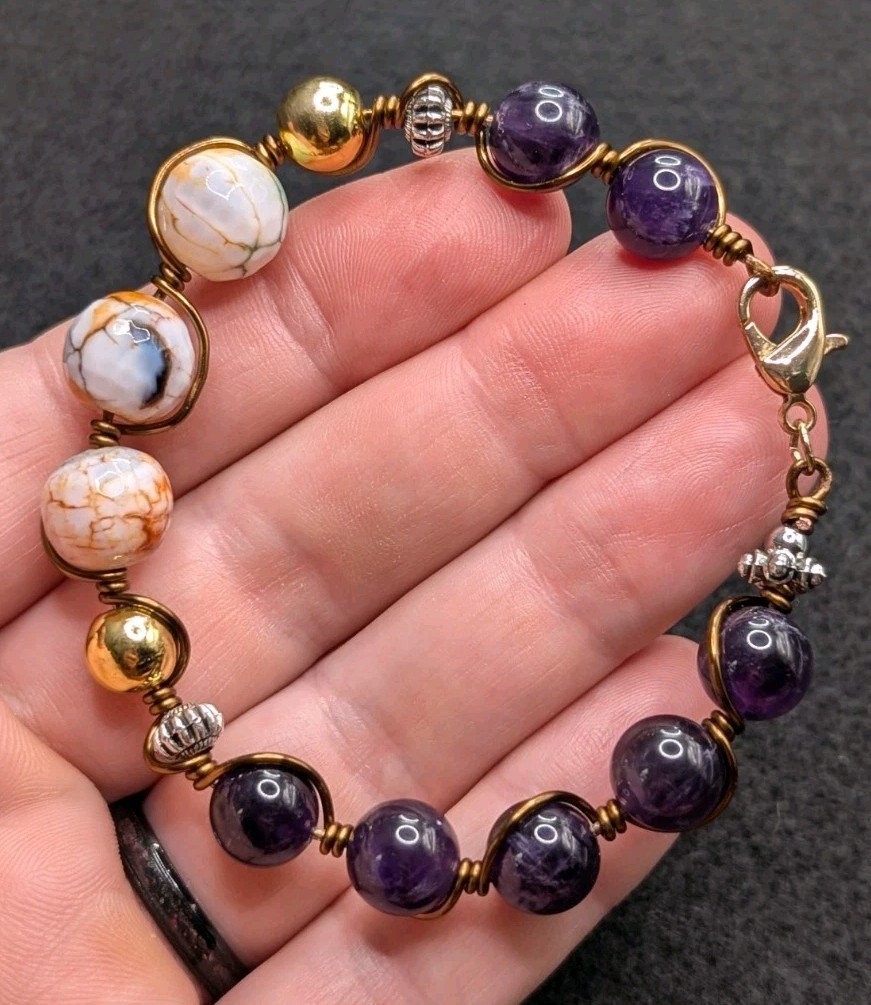 Women’s Stylish Orange Purple Chunky Bead Wire Wrapped Bracelet (16cm) S Wrist