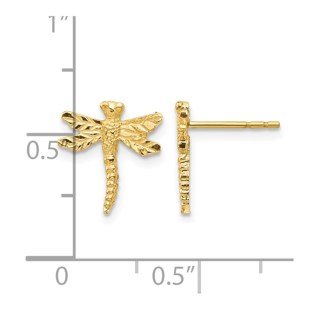 14K Yellow Gold Dragonfly Shape Stud Earrings L 11.65mm, W 10.65mm