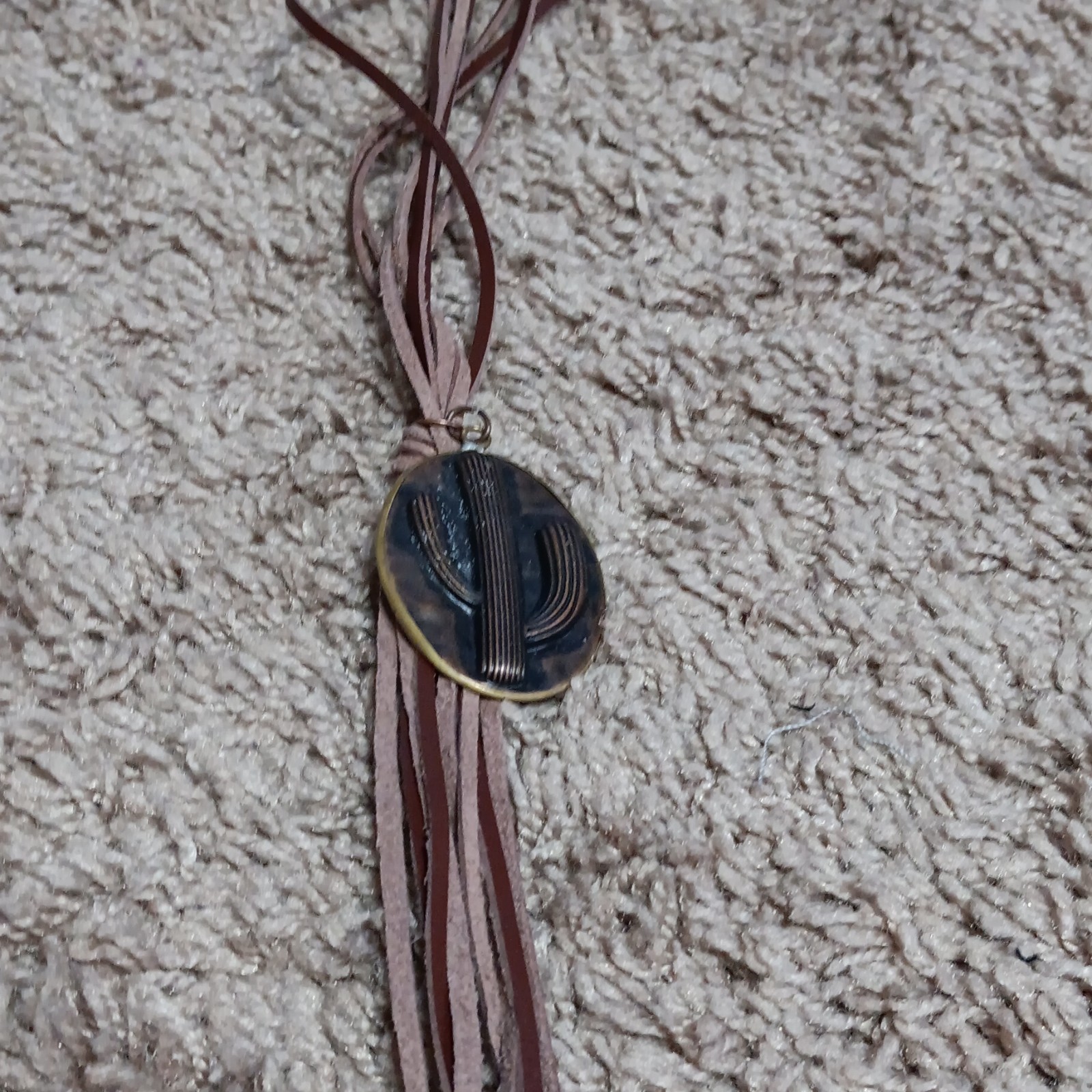 Crooked Fence Western Brown Leather Cord Brass Oval Cactus