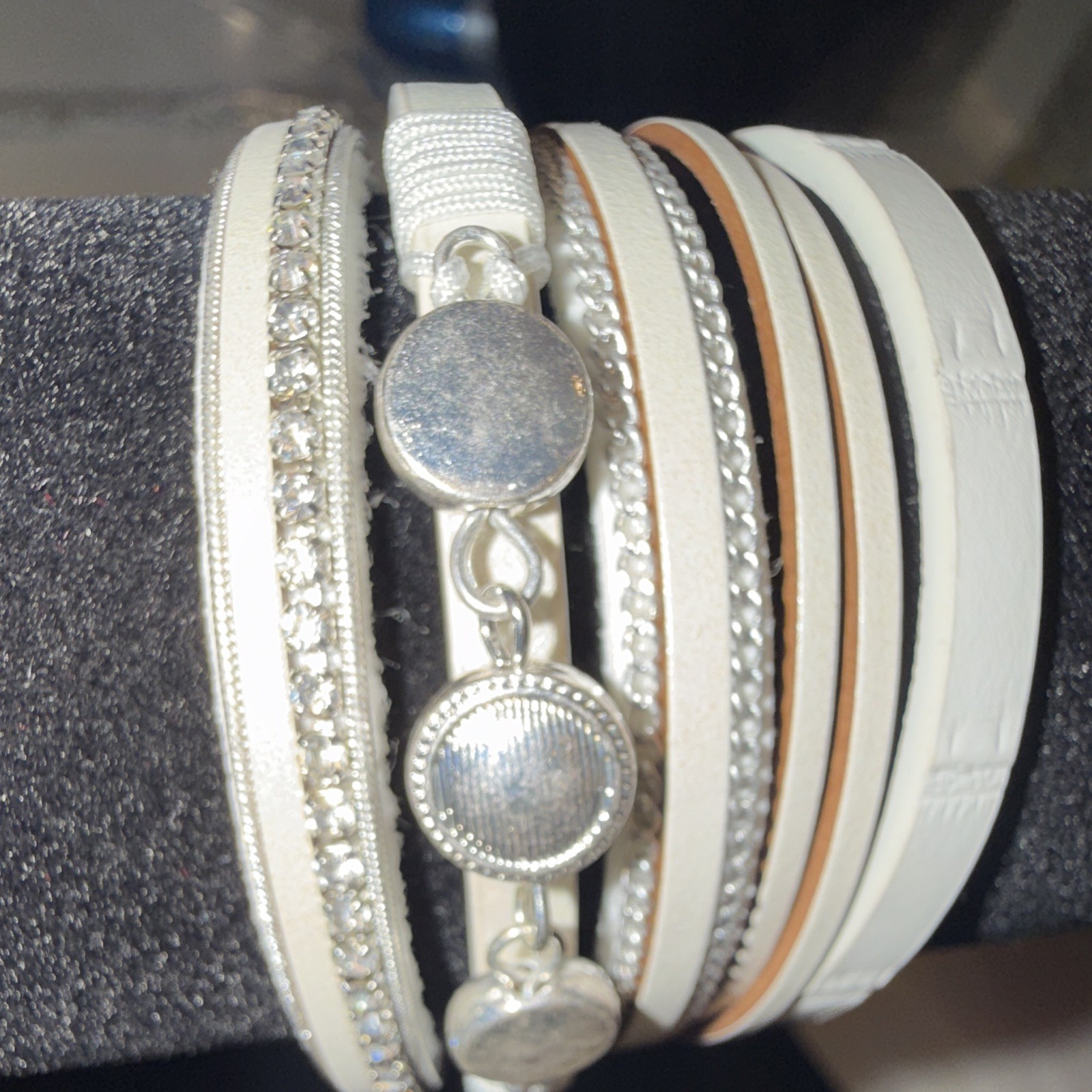 White Faux Leather Multi-Strand Wrap Cuff Bracelet, Clear Crystal, Magnetic