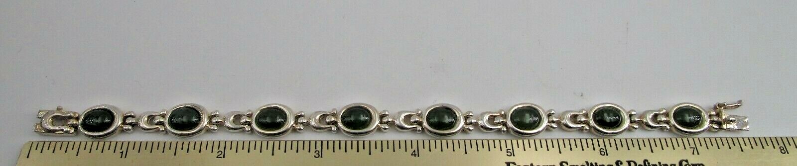 Sterling Silver Bracelet Oval Cabochon Green Jade Plain Bezel Set Box Clasp