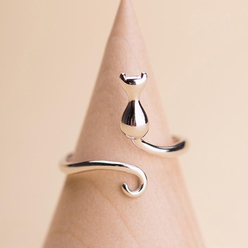 Adjustable Silver Color Cat Ring Women Cute Open Band Daily Jewelry Lovely Gift