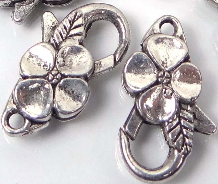 4 Antique Silver Pewter Flower Lobster Claw Clasps 25x14mm