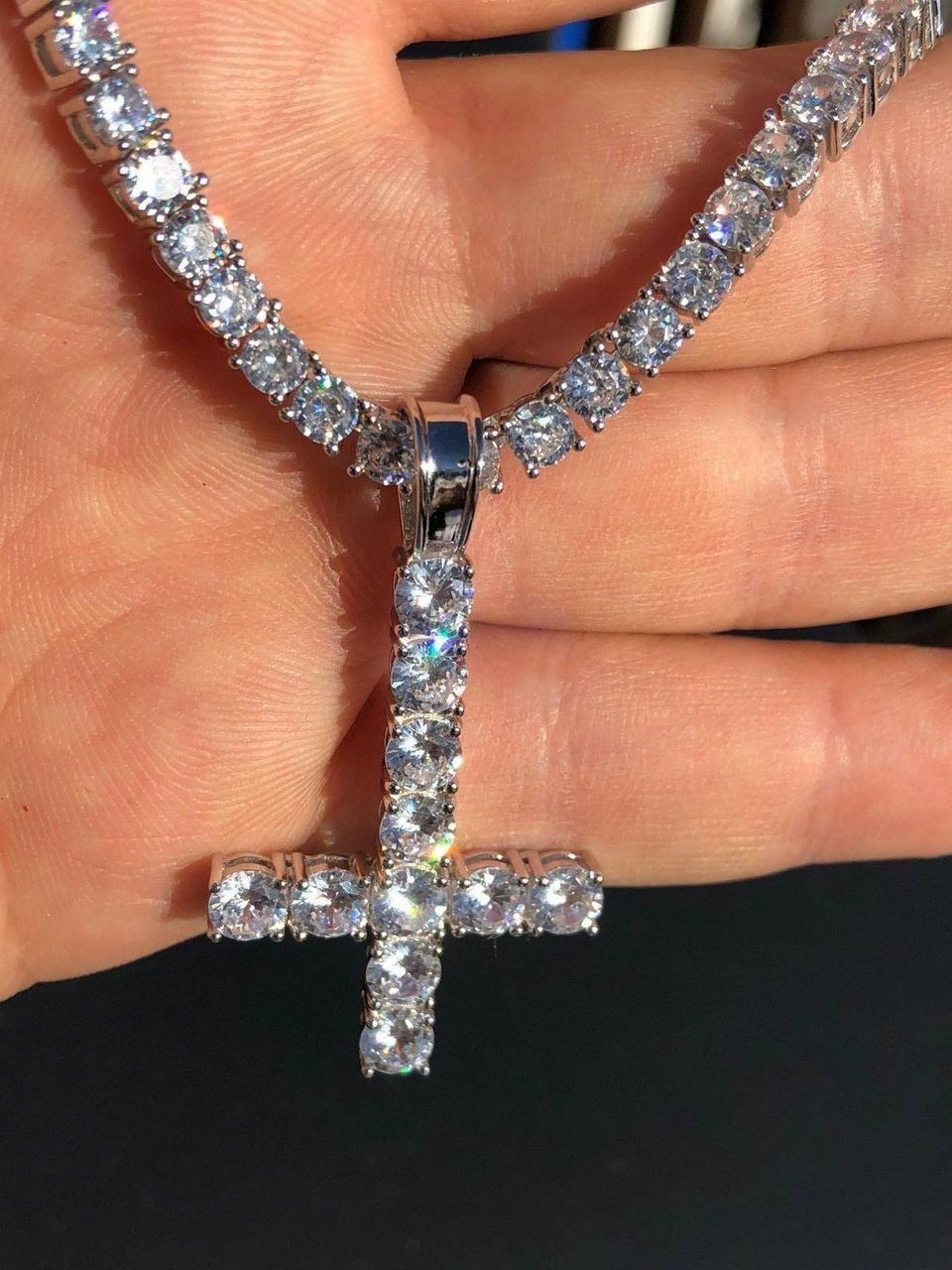 Inverted Cross Upside Down Real Solid 925 Sterling Silver Tennis Chain CZ