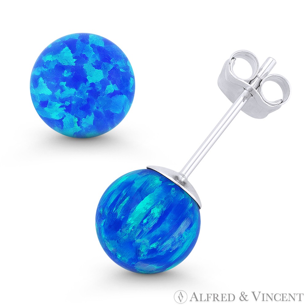 Fiery Pacific Blue Synthetic Opal Ball Pushback Stud Earrings in 14k White Gold