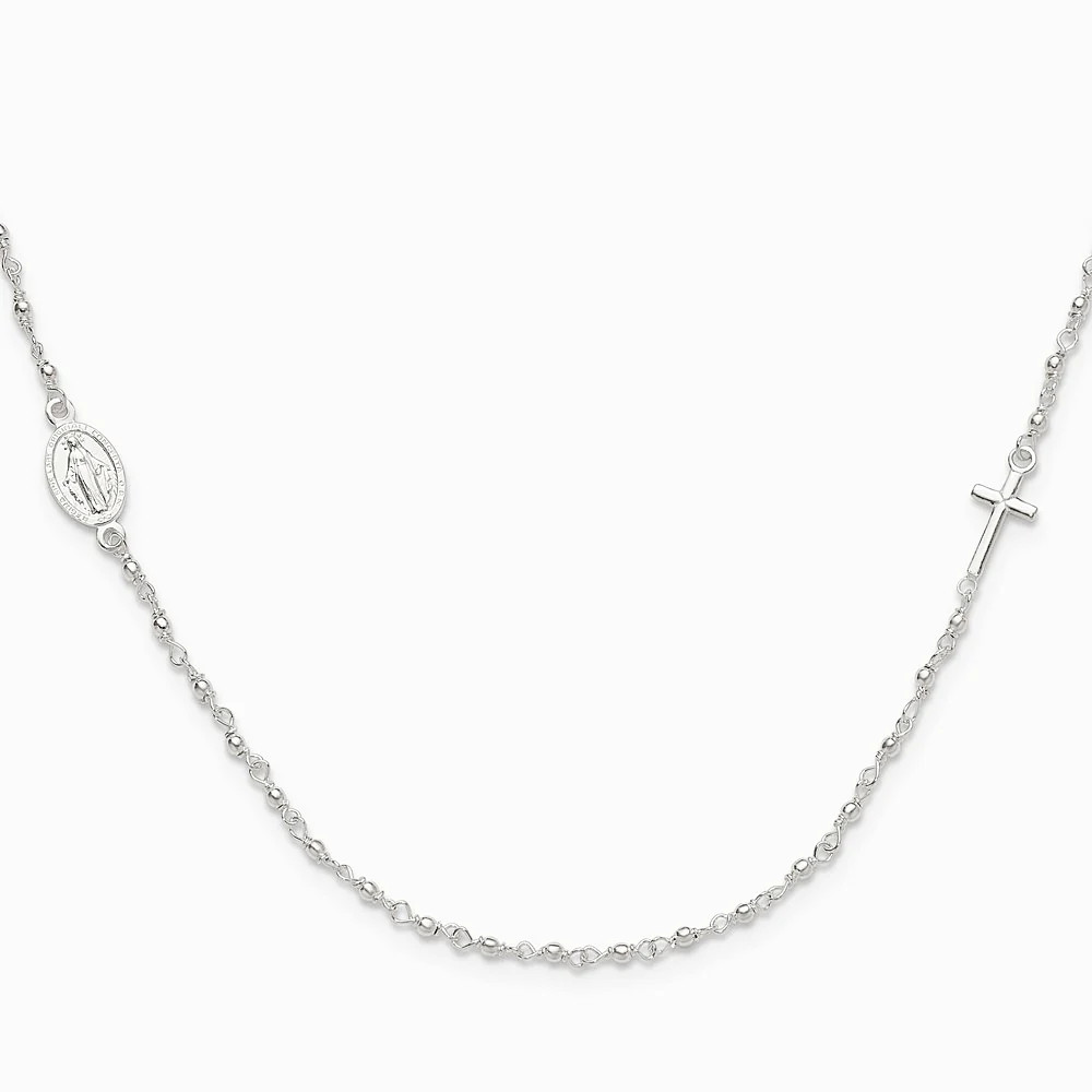 Sterling Silver Medal/Cross With 1.5in Ext. Rosary Necklace