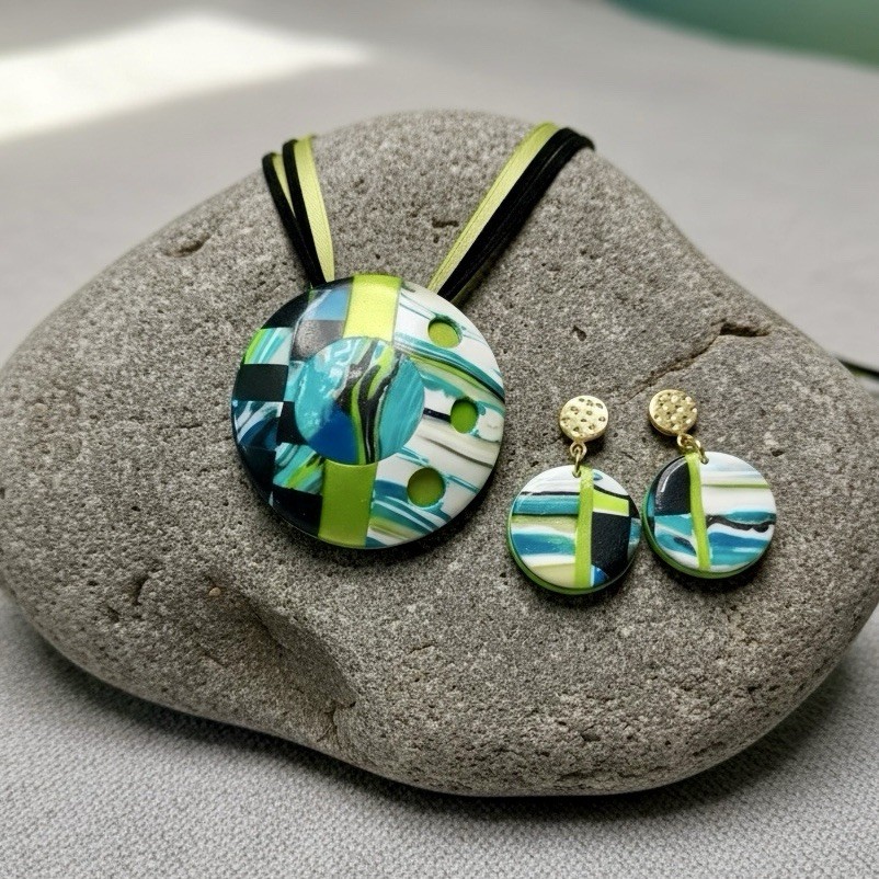 Handmade Blue & Green Pattern Large Polymer Clay Pendant Necklace & Earring Set