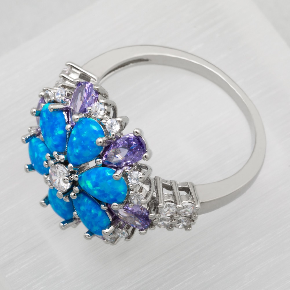 Simulated Amethyst 4×6 Blue Fire Opal CZ Silver Jewelry Cluster Ring Size 7 8 9