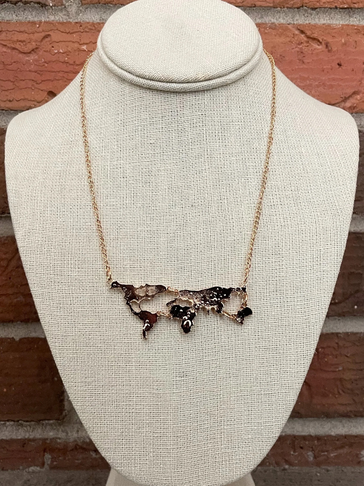 New World Map Necklace Gold Cutout Bar Travel Geography Boho Unique Gift Fest